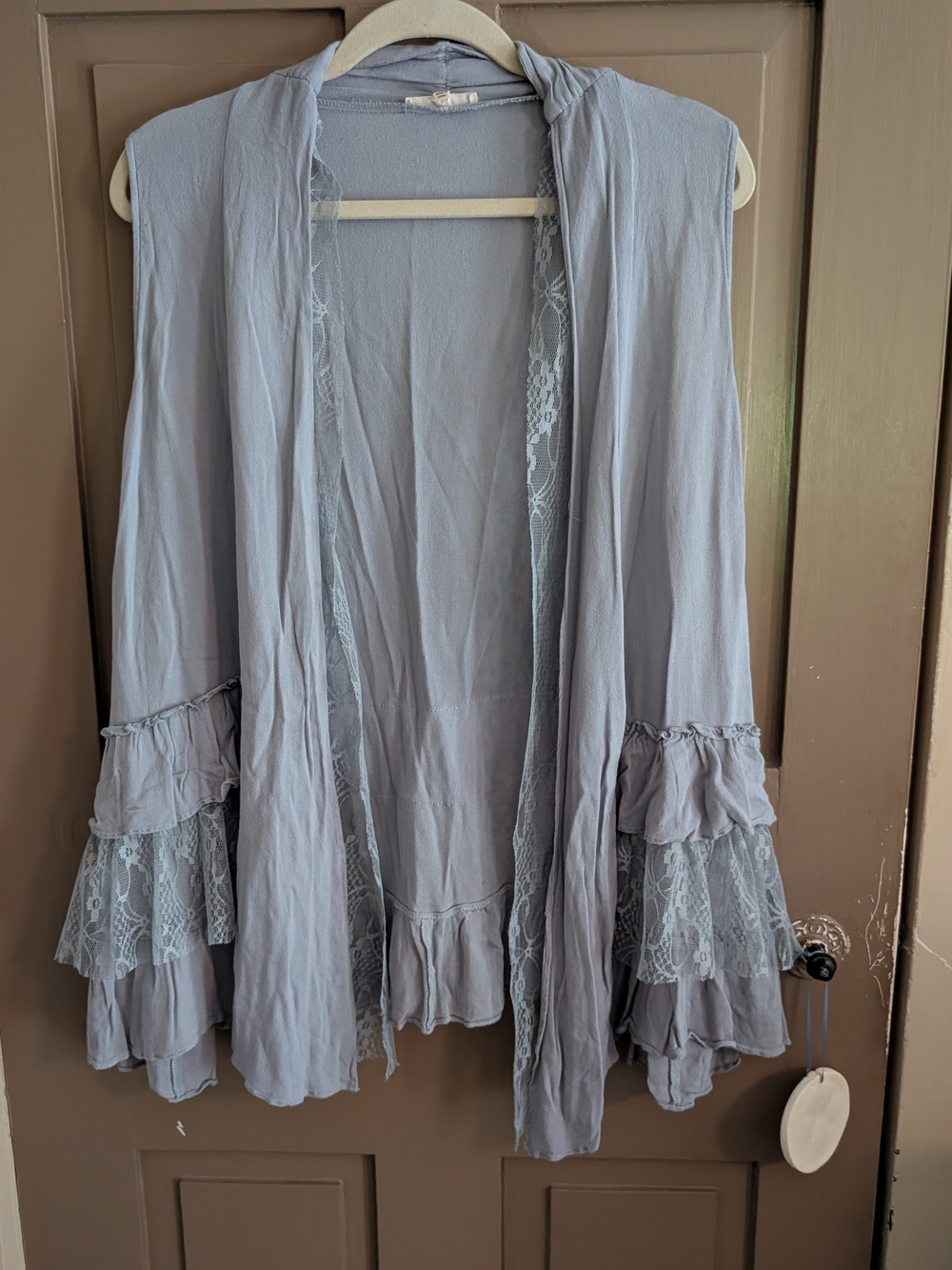 Easel Lace-Trim Open Front Light Gray Vest - Size Large